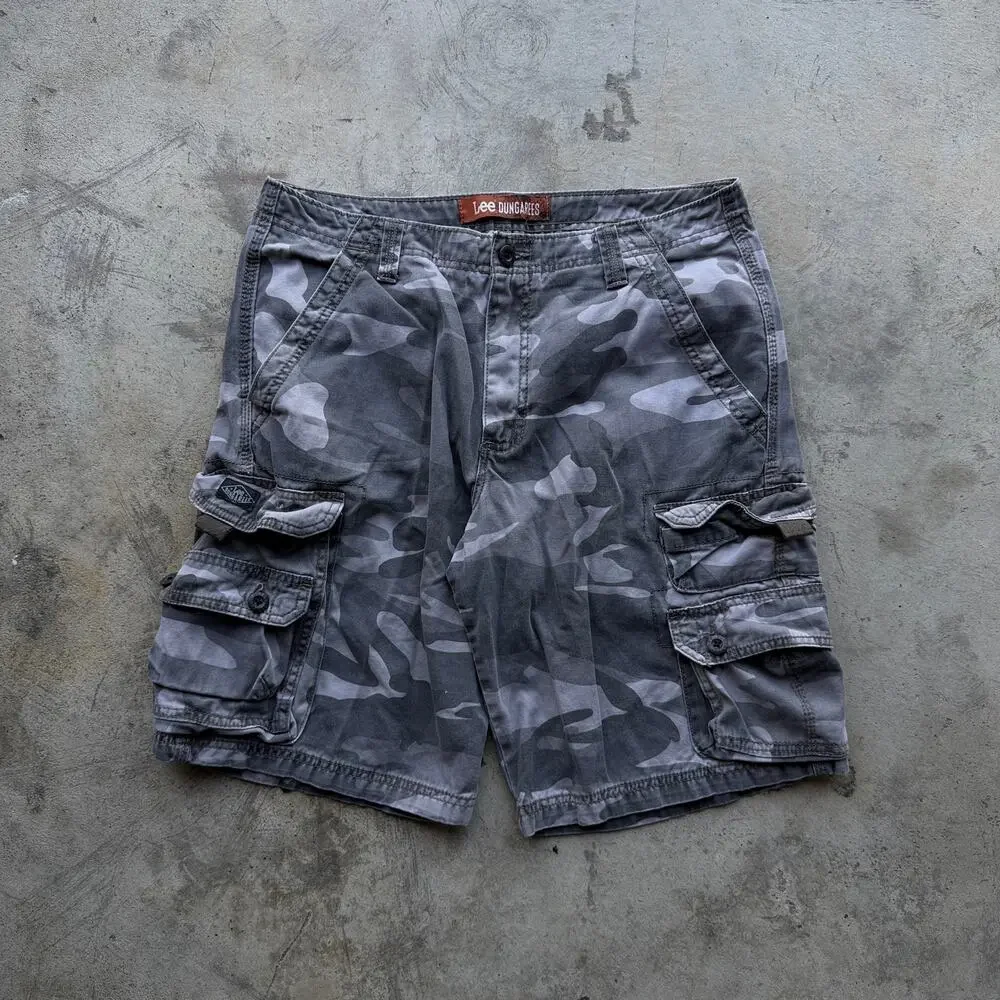 Vintage Y2K Lee Camo Cargo Shorts Gray Baggy Utility Size 32